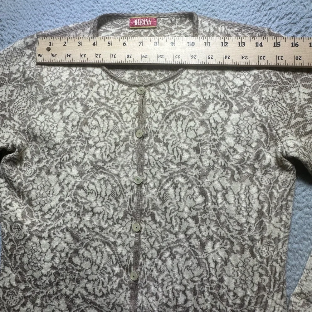 Oleana Norway Women's Wool Silk Cardigan Sweater Floral Jacquard Vintage